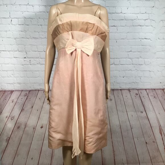 Vintage 60s Peach Blush Party Dress Ruffled Bodice Skinny Strap Front Bow M L - Picture 1 of 9